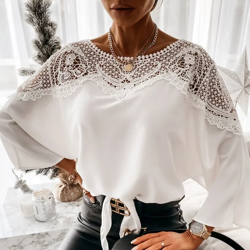 

GELITAYIN Women's Fashionable Embroidered Lace Loose White Top Long Sleeve Casual Sexy Top 12459