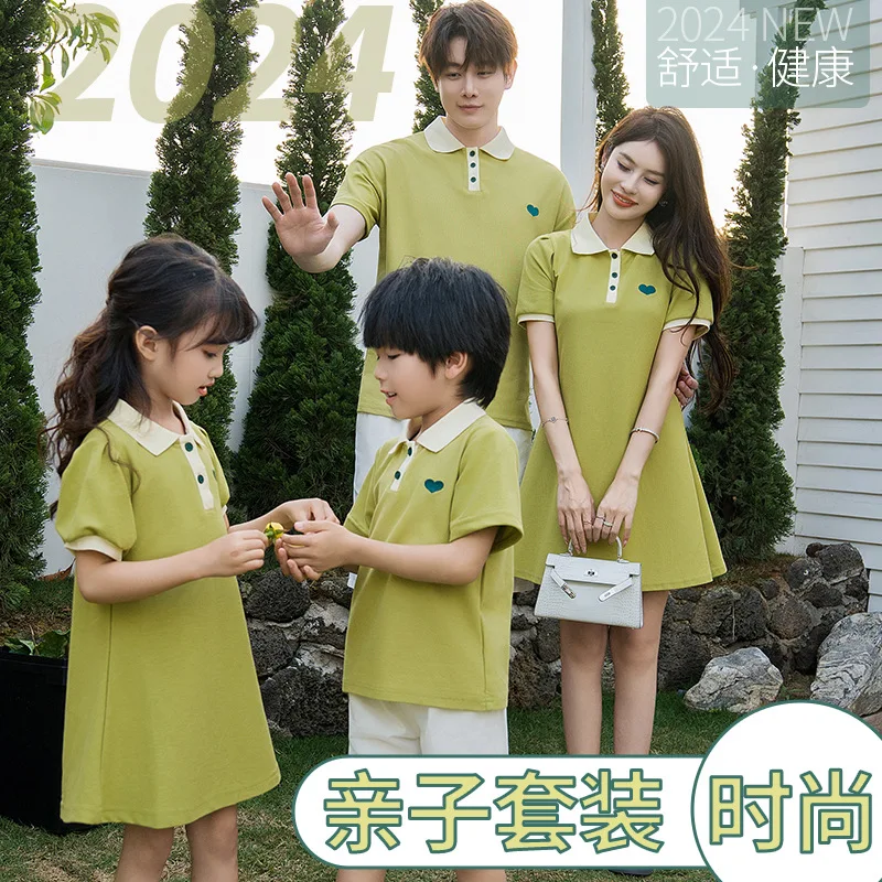 2024 Summer Family Look Matching Green Clothing Mother and Daughter Girl Equal Dress Women Dresses Father Son Polo Shirt Outfits