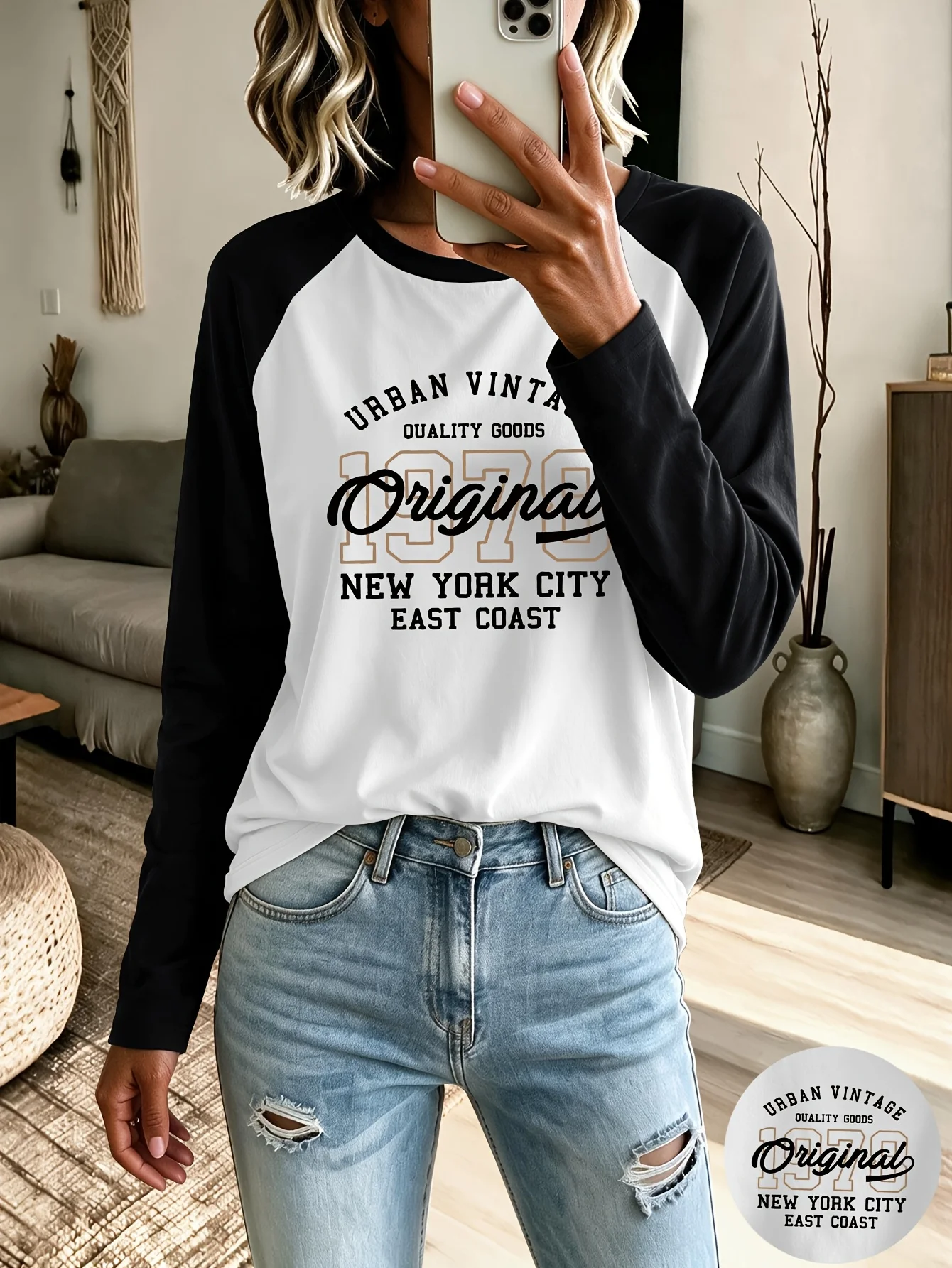 Vintage Letter Print Raglan Long Sleeve T-Shirt Trendy Whimsical Design Perfect for All Seasons Women's Casual Clothes Outfit