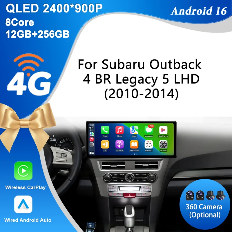 Radio para Auto Android 16 de 12.3 Pulgadas para Subaru Outback 4 BR Legacy 5 LHD 2010-2014, con CarPlay, Android Auto, GPS, Bluetooth, Wifi, DS Spl, Pantalla Táctil IPS