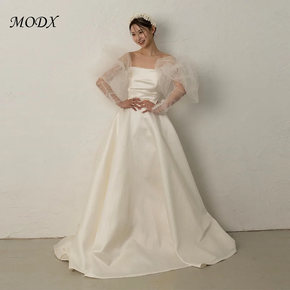 

MODX Elegant Ivory a-line Satin Korean Wedding Square Neck Tulle Sleeve Customized Corset Indoor Shooting Birthday Party 웨딩드레스
