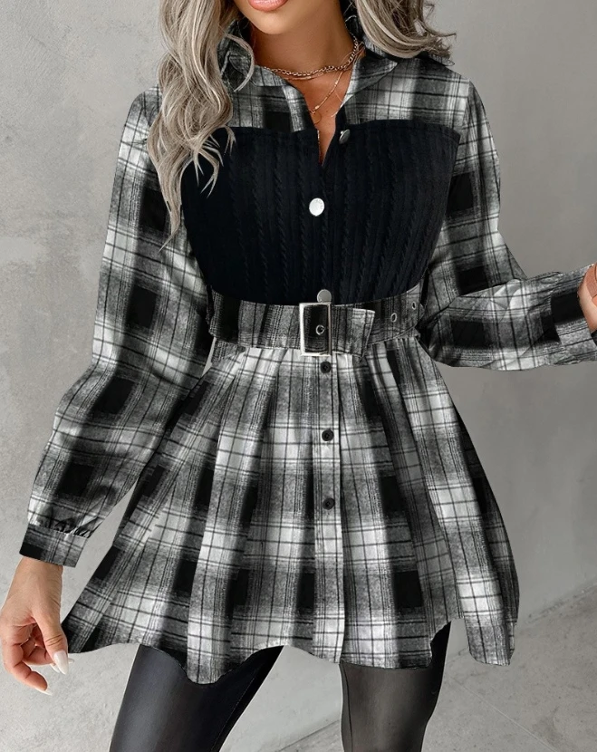 2023 Autumn Winter Spring New Fashion Casual Plaid Print Patchwork Belted Buttoned Shirt Dresses for Women Elegant