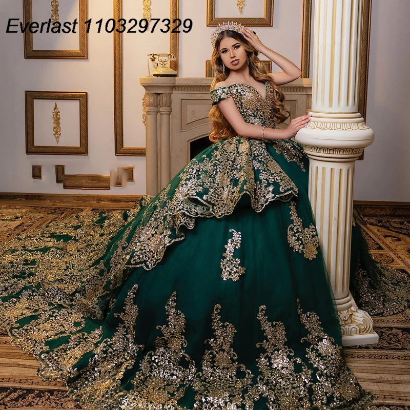 EVLAST Customized Green Quinceanera Dress Ball Gown Gold Lace Applique Beading Tiered Corset Sweet 16 Vestidos De 15 Anos TQD887