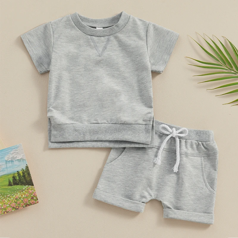 

Toddler Baby Boy Girl Summer Clothes Solid Color Short Sleeve T Shirt Elastic Waist Shorts Set Infant 2Pcs Outfits