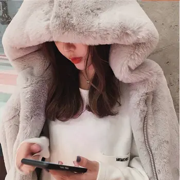 Image 2024 New Coat Women's Autumn and Winter Loose Plush  Faux Rabbit Fur Hooded Cardigan Women Casual Fashion Medium Length Fur Coat