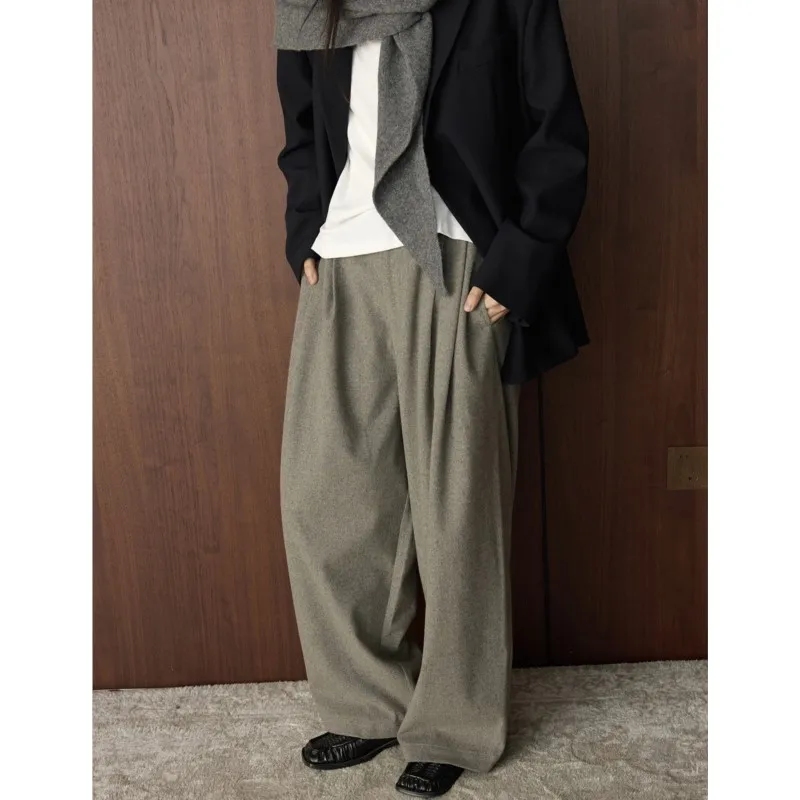سراويل جوهنيتشر الفرنسية الأنيقة غير الرسمية فضفاضة عالية الخصر للنساء سراويل شتوية جديدة متعددة الاستخدامات وبسيطة واسعة الساق