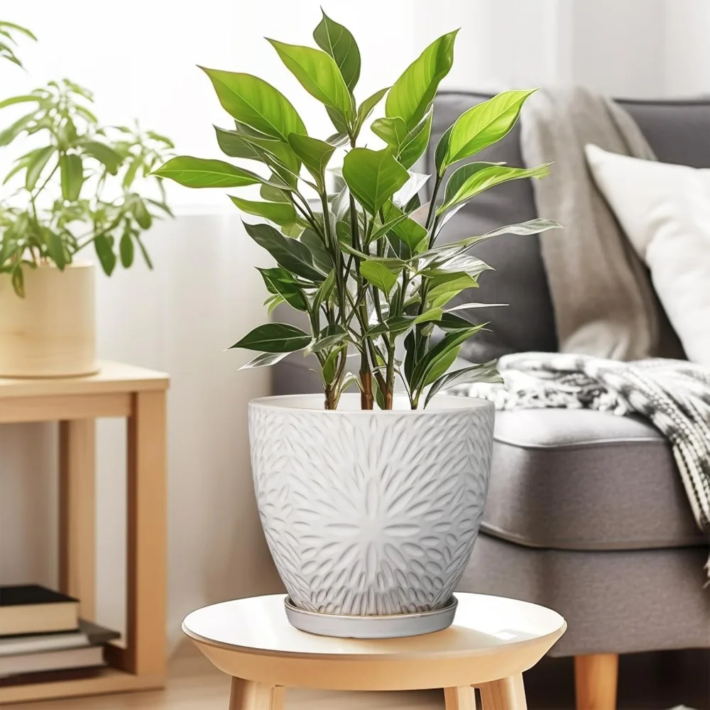 

8 Inch Ceramic Plant Pot with Drainage Hole and Saucer, Modern Round Planter for Indoor Outdoor Plants, Large Flower Pot White