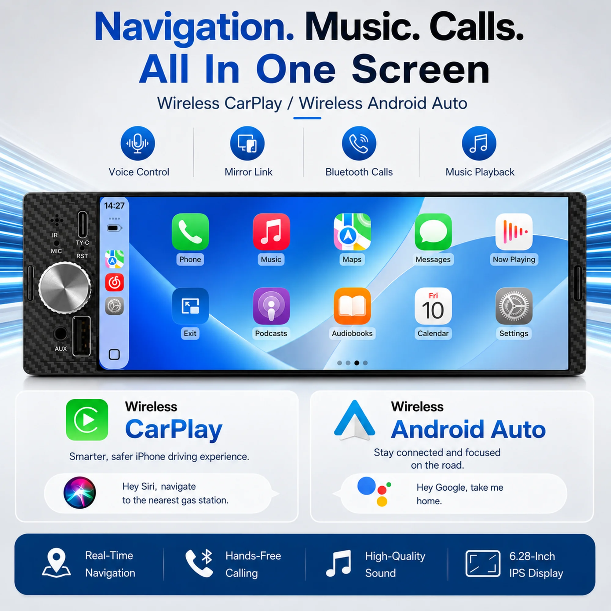 1 DIN Car Radio 6.36 Inch Touchscreen Car Stereo Wireless CarPlay Android Auto Bluetooth FM Mirror Link MP5 USB Player