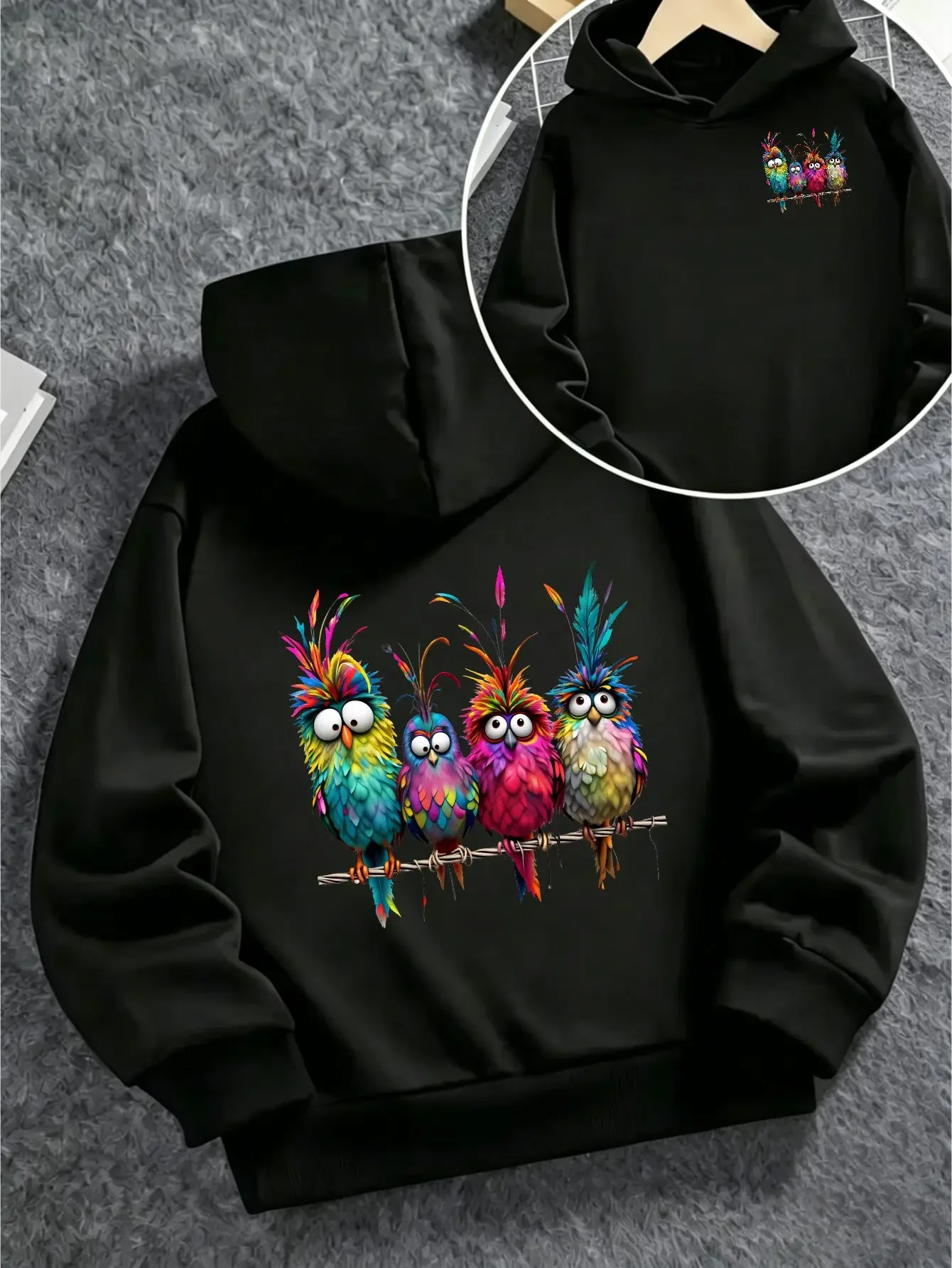 Korea Hot Colorful Funny Birds Graphic Hoodie Unisex Cute Animal Casual Pullover Hooded Sweatshirt Loose Fit Autumn