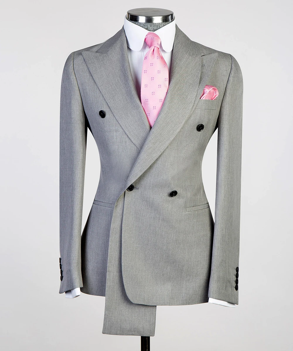 남성용 회색 비즈니스 정장, 웨딩 더블 브레스티드 프롬 블레이저, 맞춤형 2피스 신랑 디너 파티 웨딩 턱시도, 맞춤 제작