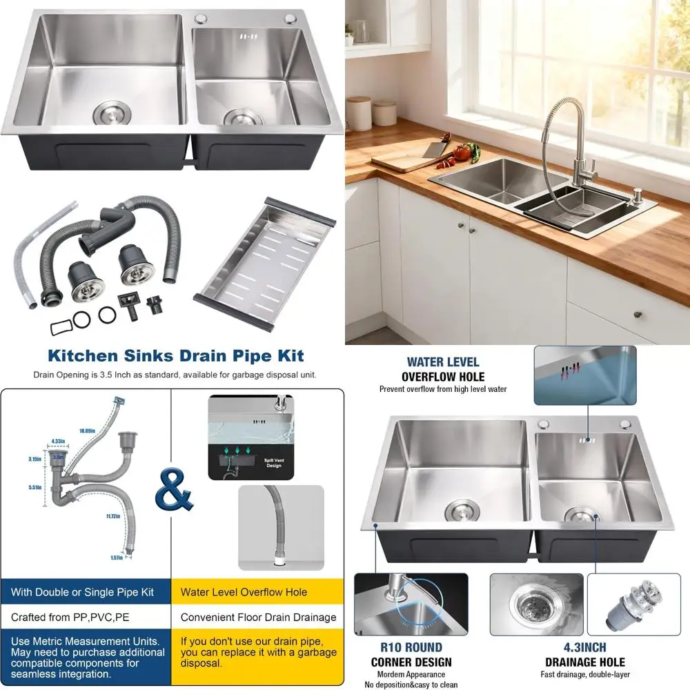 

Double Bowl Stainless Steel Kitchen Sink, 30.7x16.9 Inch, Modern Nano-Coated, Drop in and Topmount with Drainage Pipes