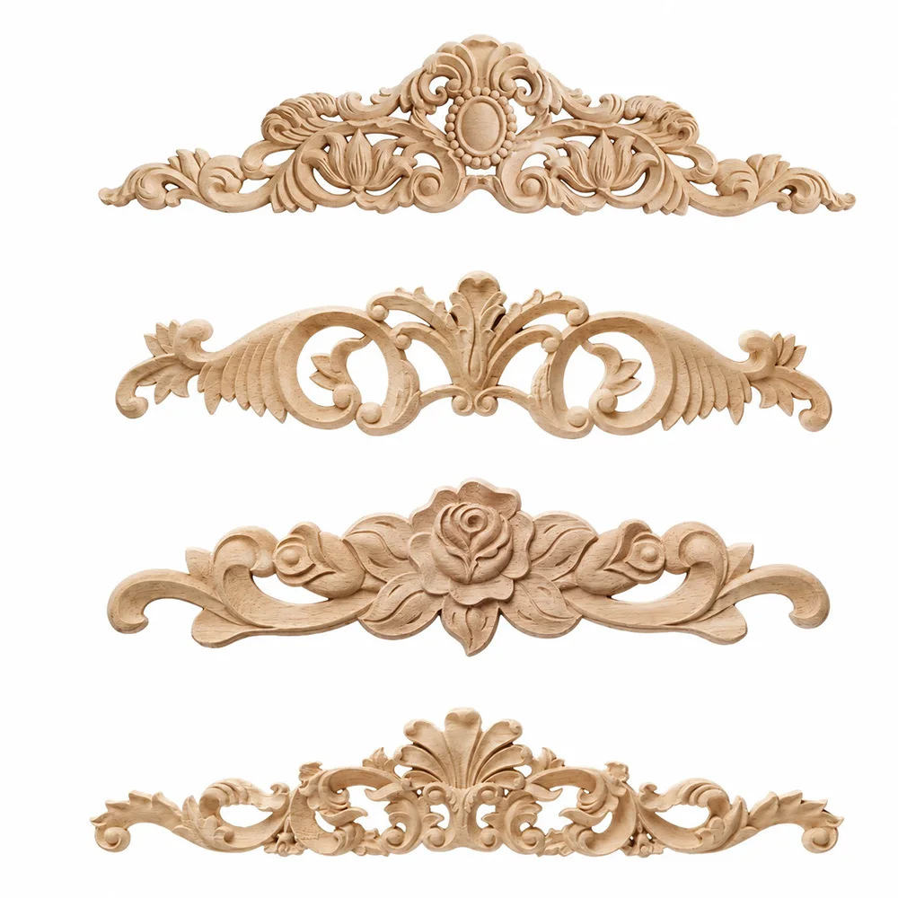 Elongated Floral Wood Carved Appliqué – Solid Wood Decorative Ornament for Furniture, Doors, Walls, and Frames – Natural Wood Ar