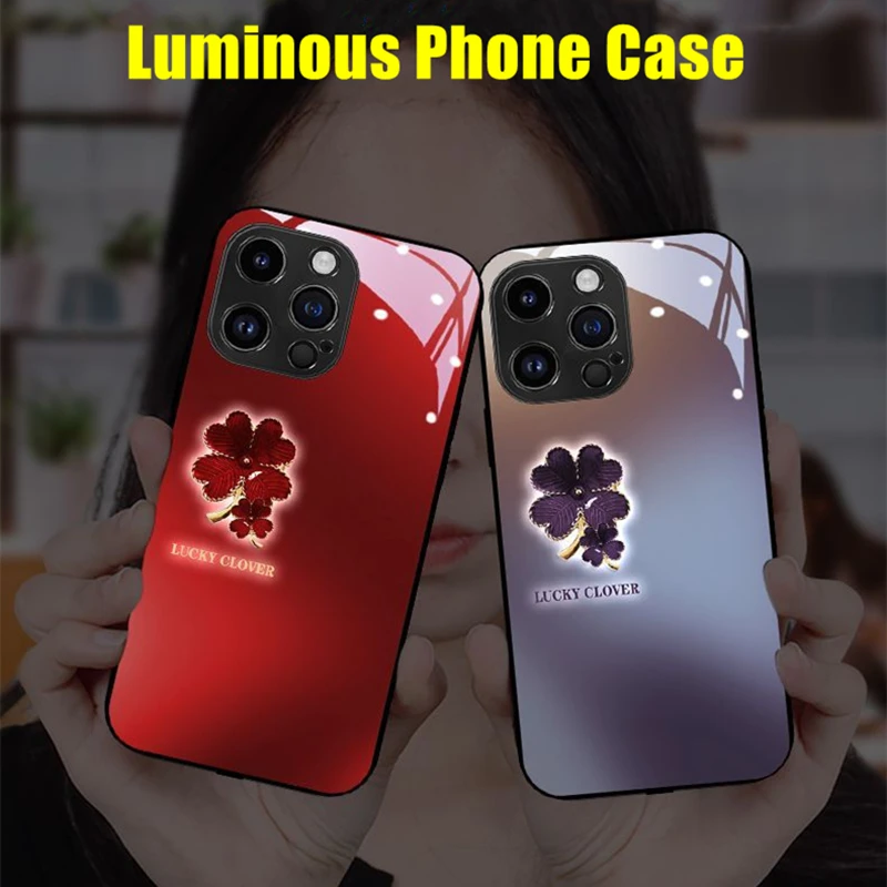 Lucky Clover LED Light Glowing Tempered Glass Surface Luminous Phone Case for iPhone X Xs 11 12 13 14 15 Pro Plus Max Accessory