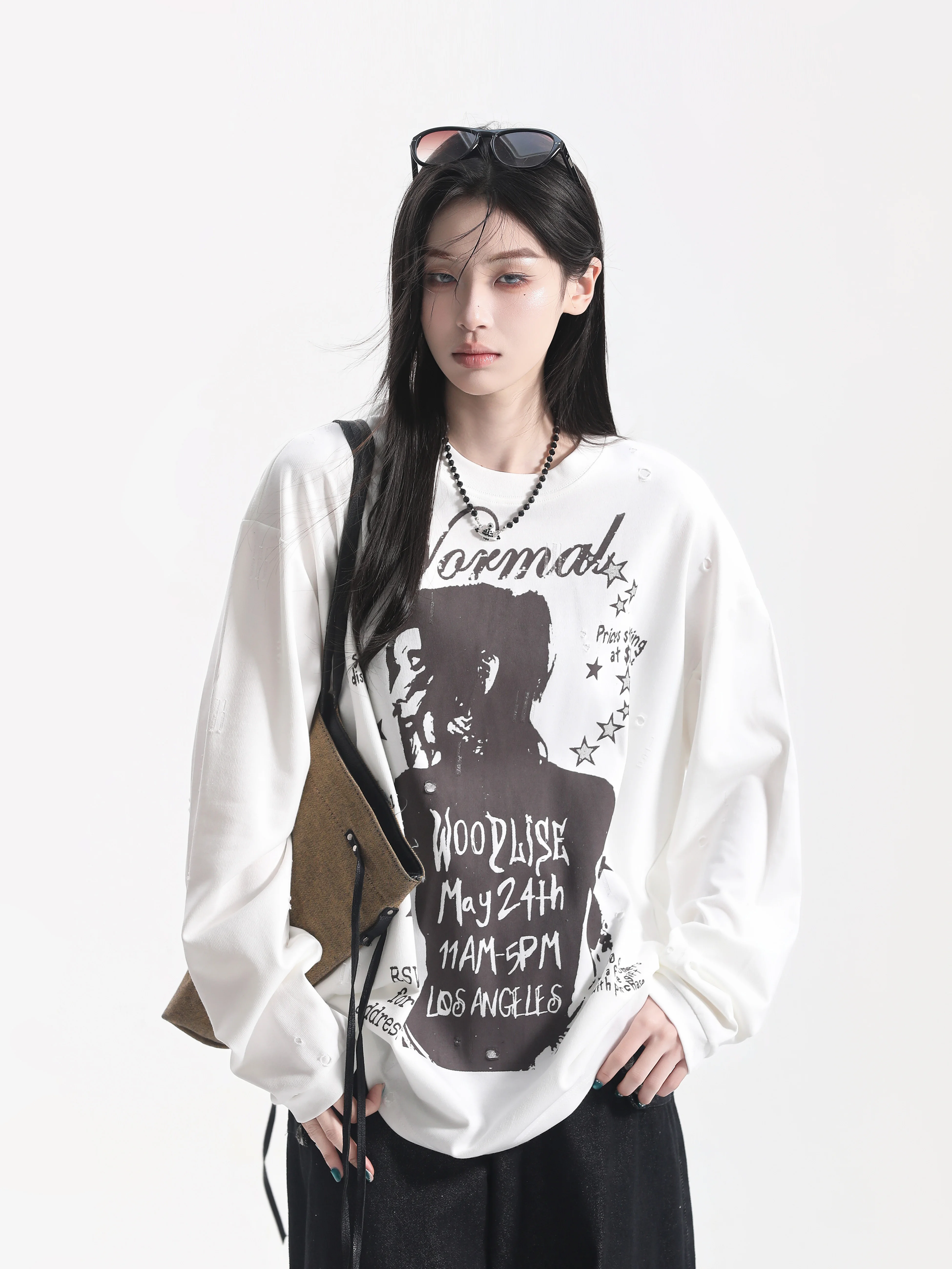 Loose Fit American Style Long Sleeve T-Shirt with Portrait Print Casual Loose Women's Top Breathable Comfortable Polyester Co...