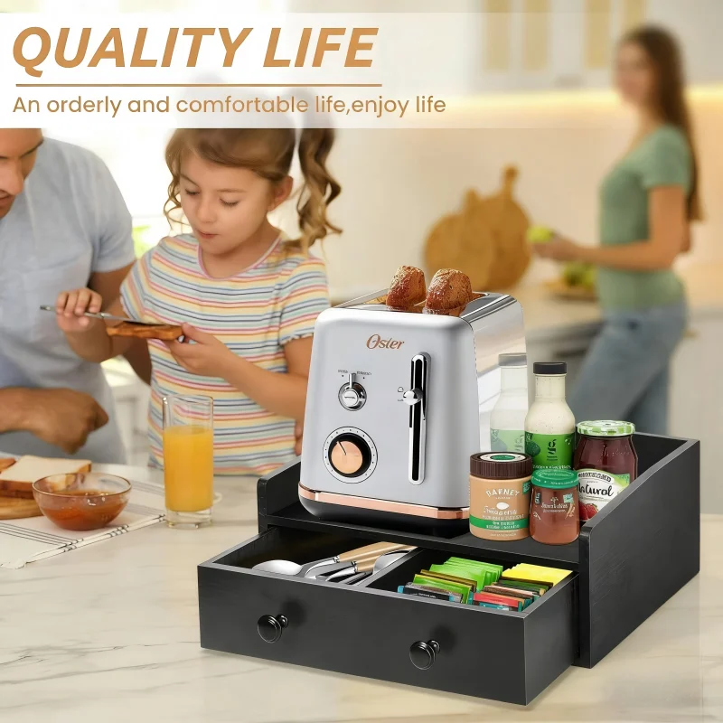 Black Wooden Coffee Capsule Storage Box with Pull-Out Drawer - Square Spice Container Organizer for Kitchen and Pantry Shelves