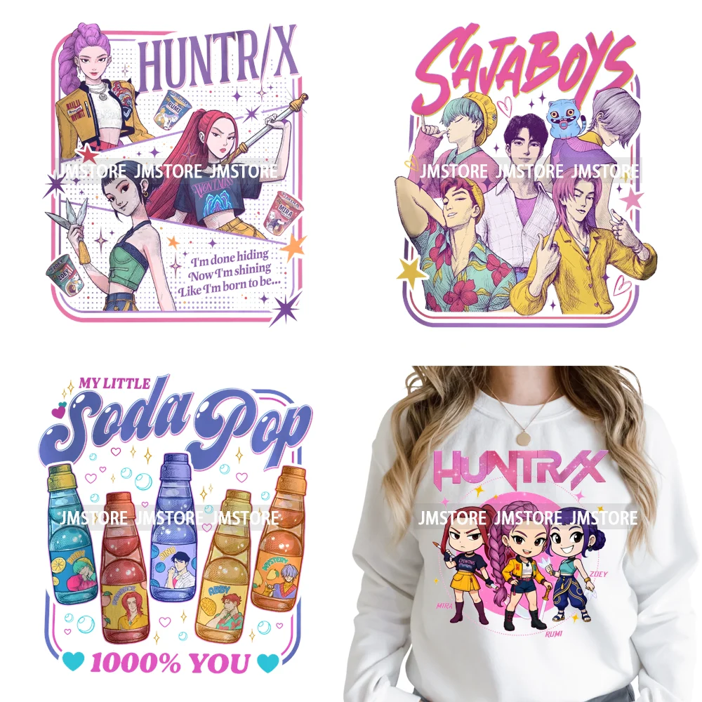 Estilo de película Kpop Soda Pop Demon inspirado película chica cena hierro en DTF pegatinas de transferencias lavables listas para presionar sudaderas con capucha