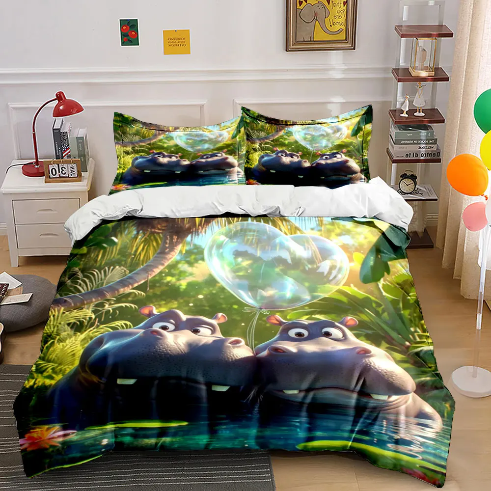 Hippos in River with Heart Balloon Bedding Set for Kids Luxury Gift 3pcs Digital Print Comforter Set Soft Comfortable