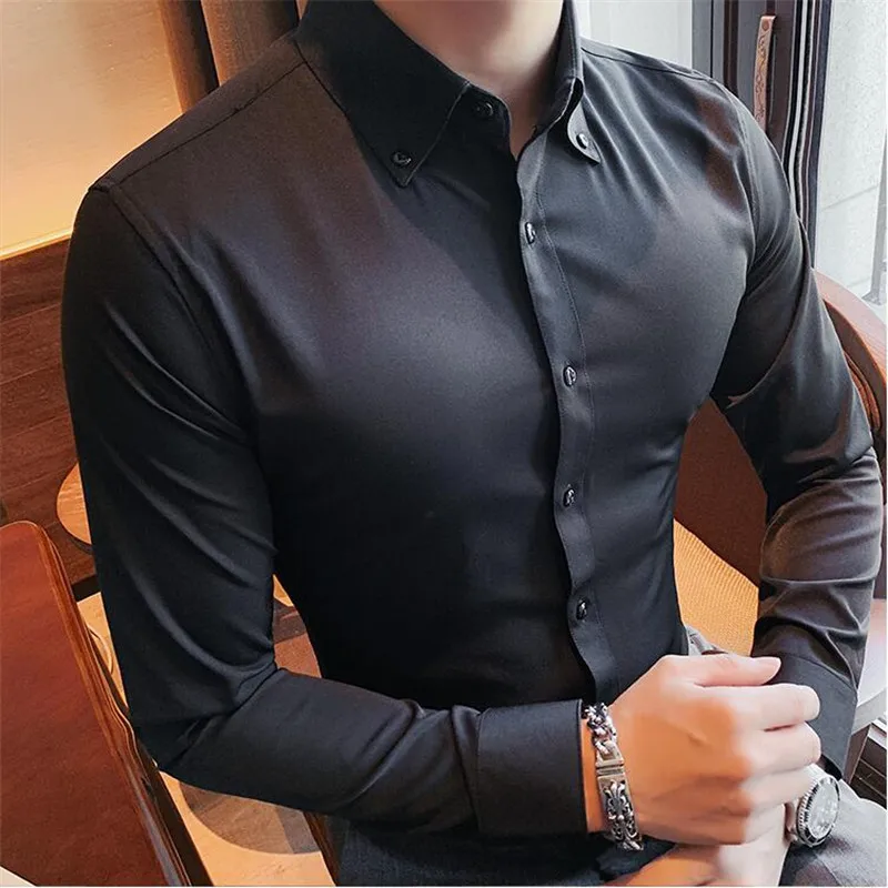 2024 High Quality Solid Color Men\'s Shirt Formal Business Dress Office Wedding Shirts Long Sleeve Casual Social Blouse Chemise