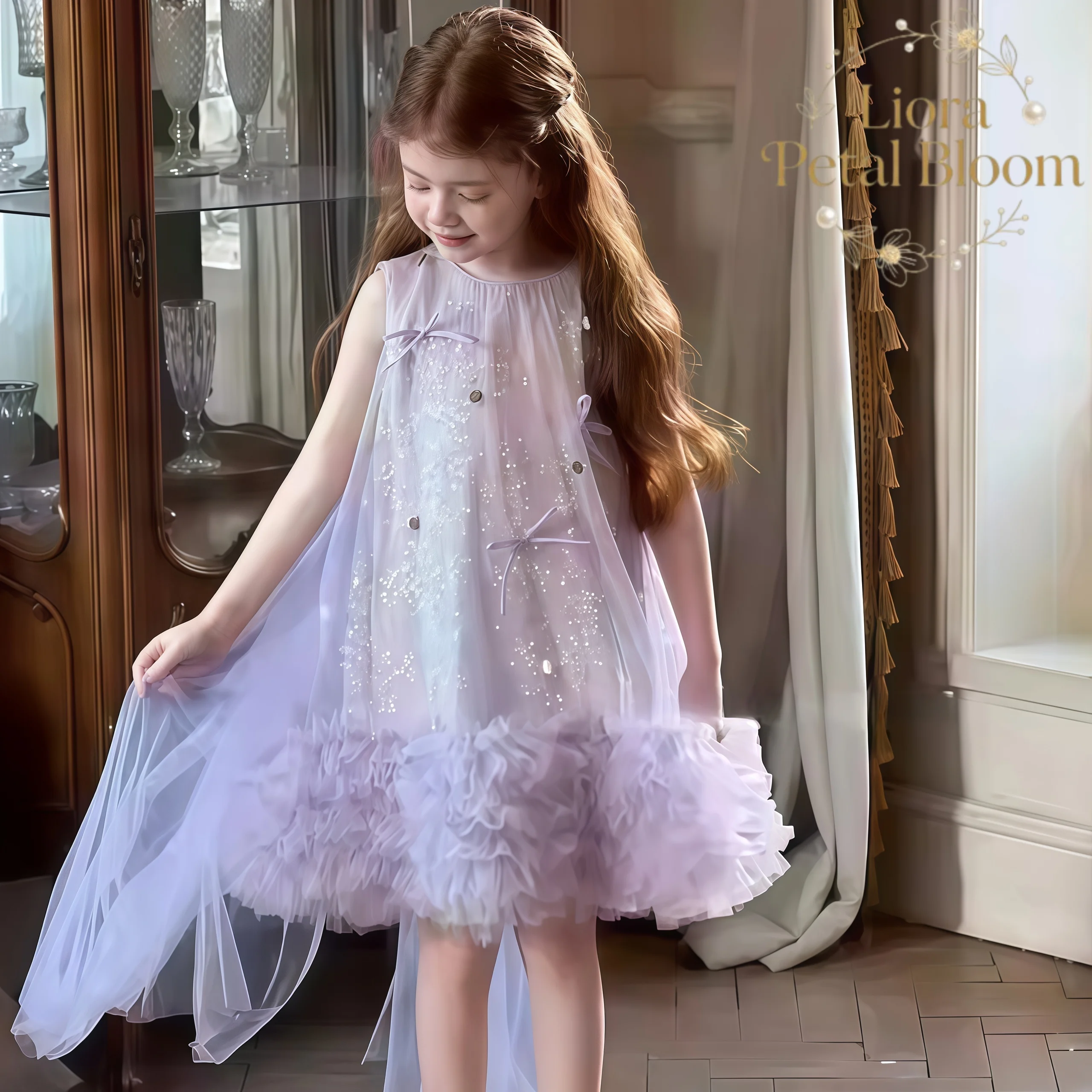 Abito da ragazza con paillettes colorate, abito elegante con fiocco, abito corto da festa, abito da damigella, abito per tutti i giorni