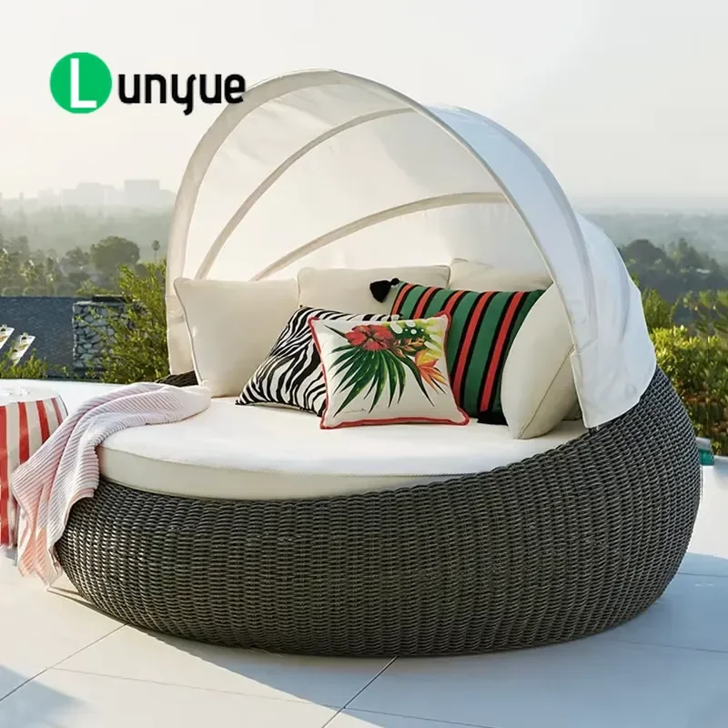 Deluxe Outdoor Rattan Lounger with Canopy and Cushions Beach Terrace Sofa Set Relaxing Sunbed for Patio Garden Poolside