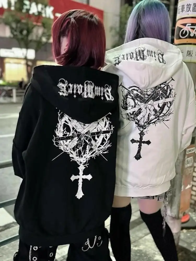 Japanese Mine Style Subculture Harajuku Letters Heart Cross Printing Rivets Loose Casual Hooded Sweatshirts Jackets Women Autumn