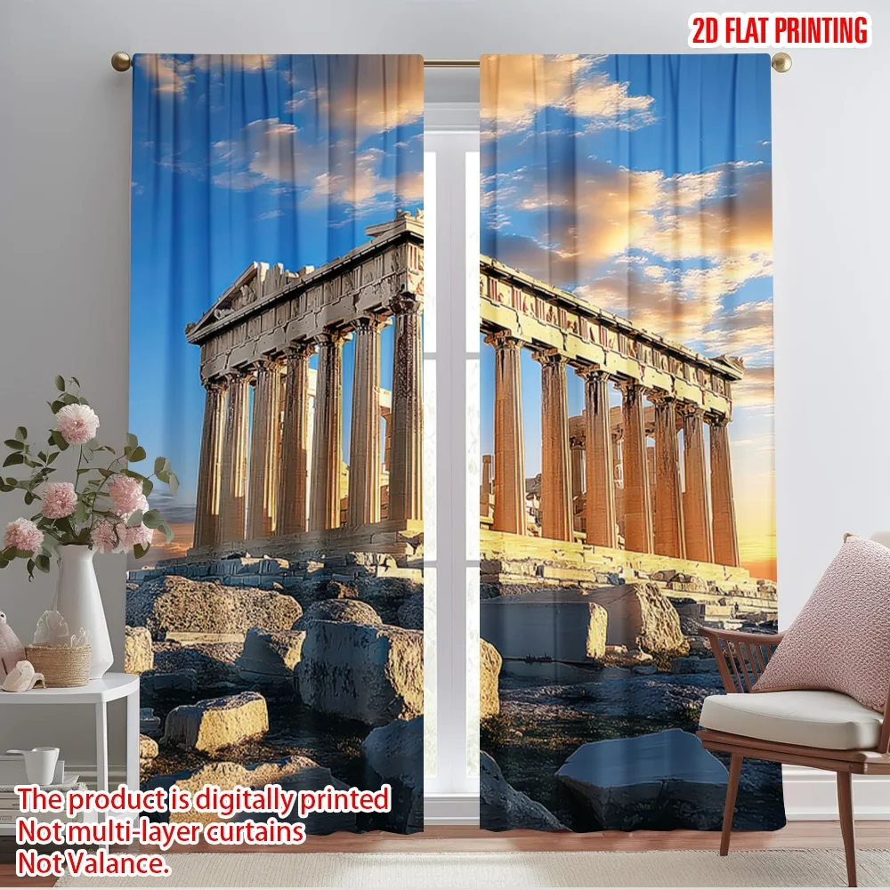 

2pcs 2D flat printing Party Curtain Parthenon Ancient Greek Architecture Polyester Without Electricity Festive Curtains for Home