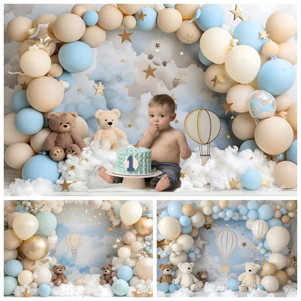 

Newborn Baby First Birthday Photography Backdrop Blue Sky White Cloud Bear Balloon Boy Party Decoration Kids Portrait Background