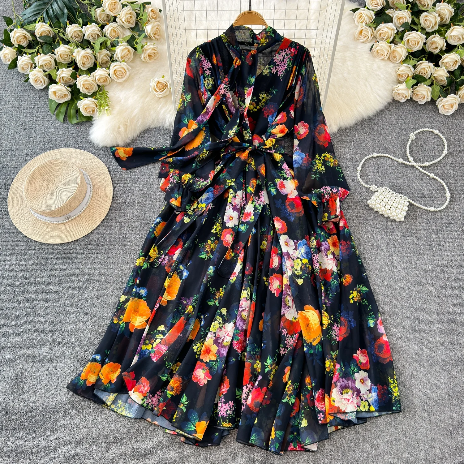 Clothland Women Vintage Floral Chiffon Maxi Dress Bow Tie Sashes Long Sleeve One Piece Chic Long Dresses Vestido QD789