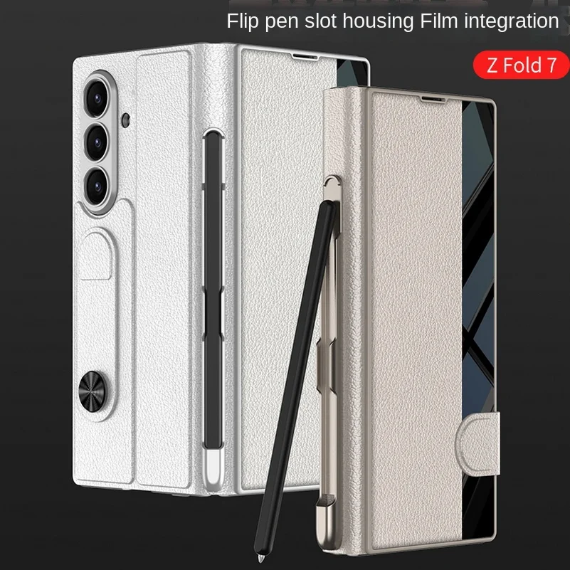 

Plain Leather Flip Wallet with Stylus and Card Slots Glass Protective Film Case for Samsung Galaxy Z Fold 7 fold7 Protect Cover