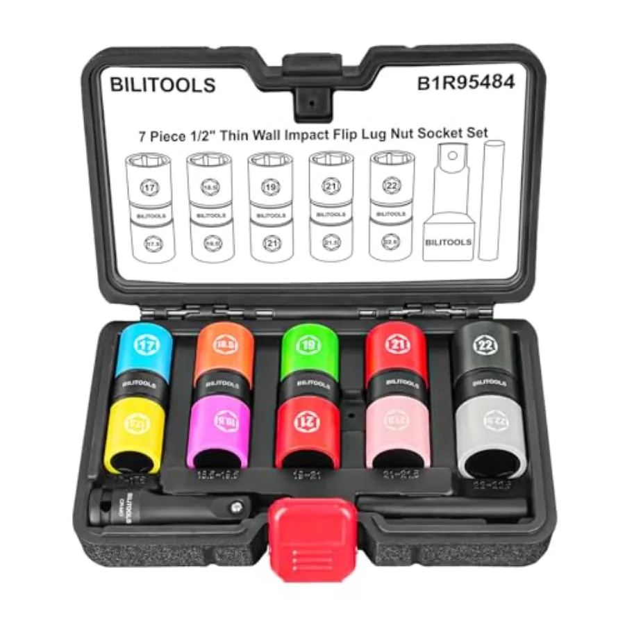 

s Lug Nut Socket Set, 1/2" Thin Wall Impact Flip Sockets for Wheel lug Nuts with Non-Marring Sleeves, 17/17.5, 18.5/19.5, 19/21