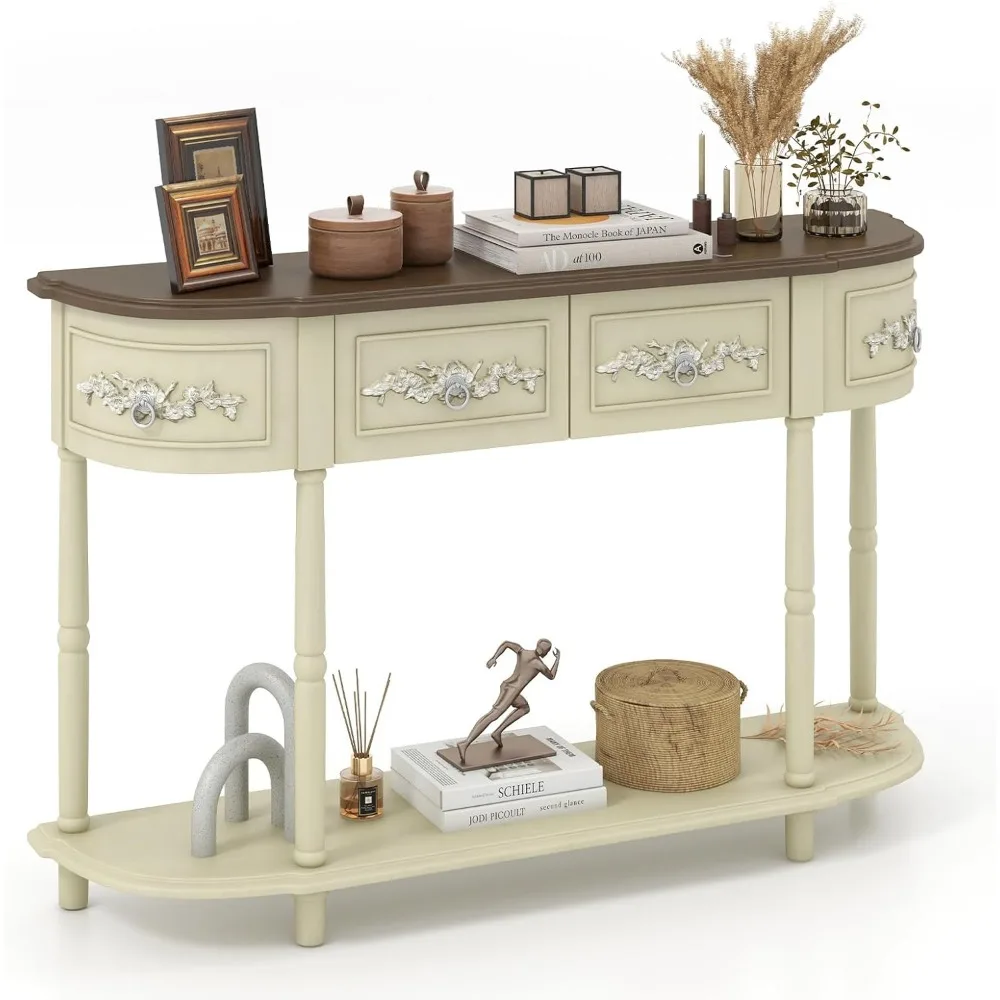 طاولة كونسول ريترو مع أدراج، 52 طاولة أريكة ضيقة طويلة مع رف مفتوح، طاولة مدخل نصف قمر مع مساحة تخزين، صلبة #1