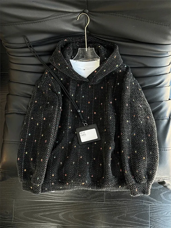 

American Sle Heavyweight Plaid Knitted Hoodie Men's Autumn Winter Lazy High-End Inner Wear Outerwear Casual Polyester Fiber