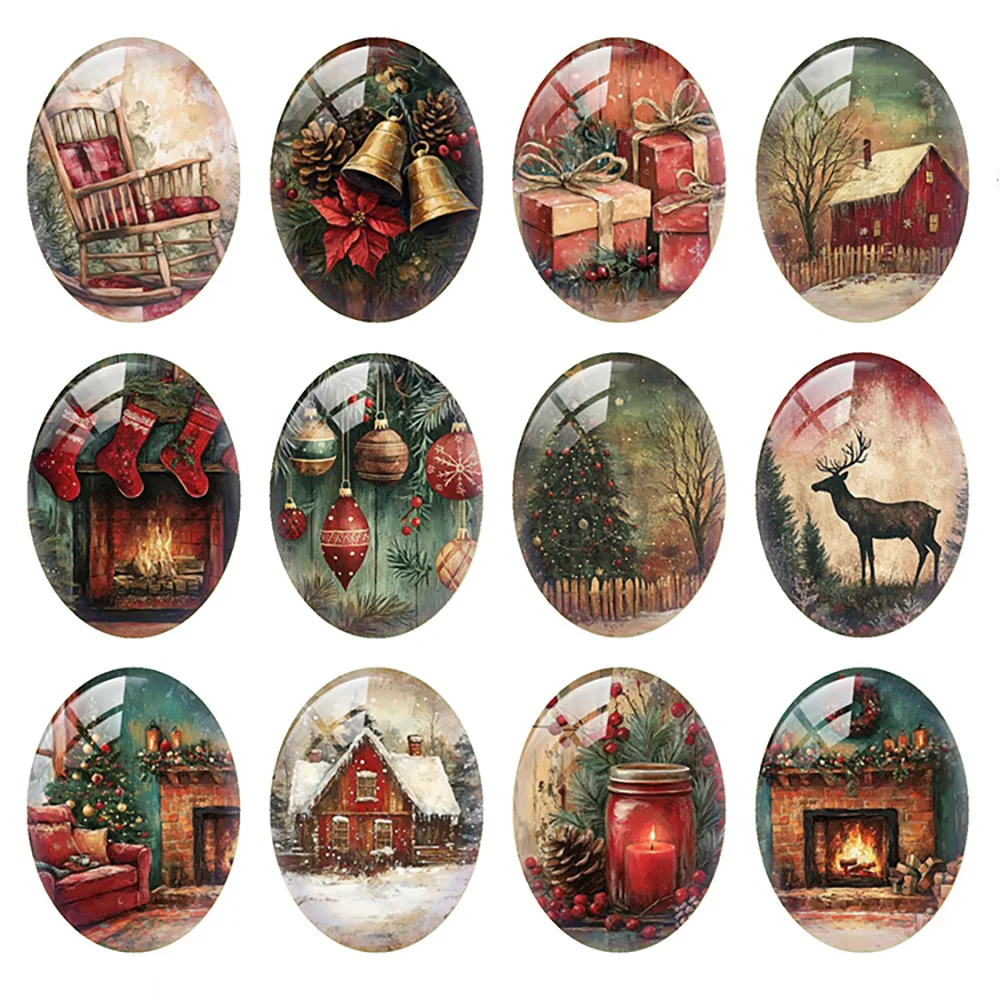 

10pcs/lot Merry Christmas X-mas Winter Jingle Bell Snow Stocks Oval Photo Glass Cabochon Flatback Demo Cameo Diy Jewelry Making