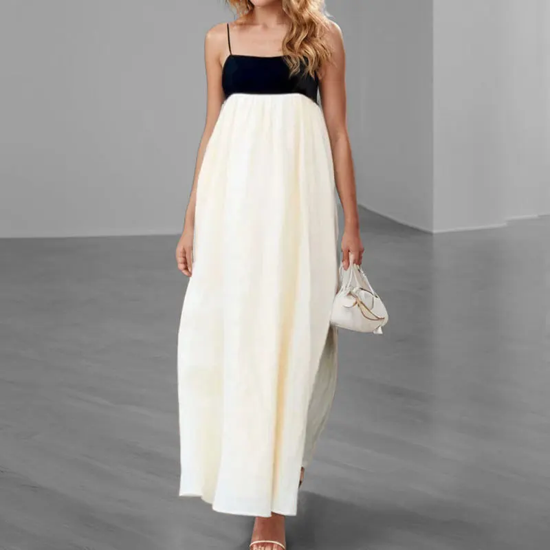 

2025 Spring and Summer New Women's Temperament Casual Elegant Elegant Black and White Contrasting Dress Sexy Halter Dress
