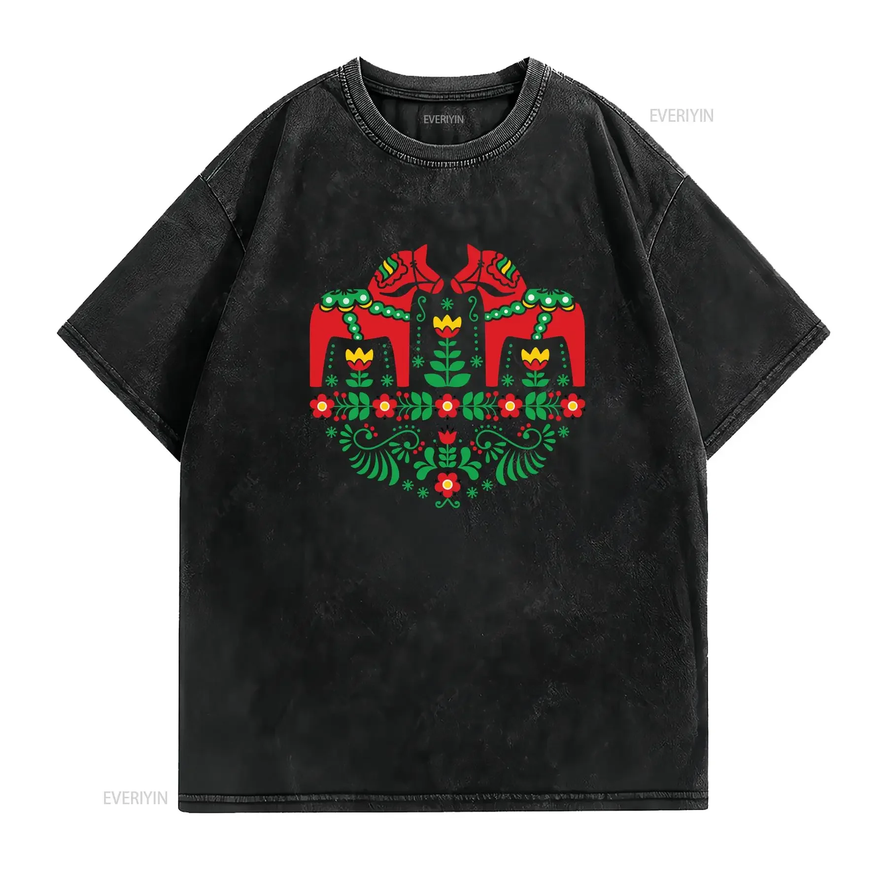Vintage Swedish Dala Horse T Shirt Folk Art Dalecarlian  vintage Washed fashion Unisex graphic Versatile Comfortable