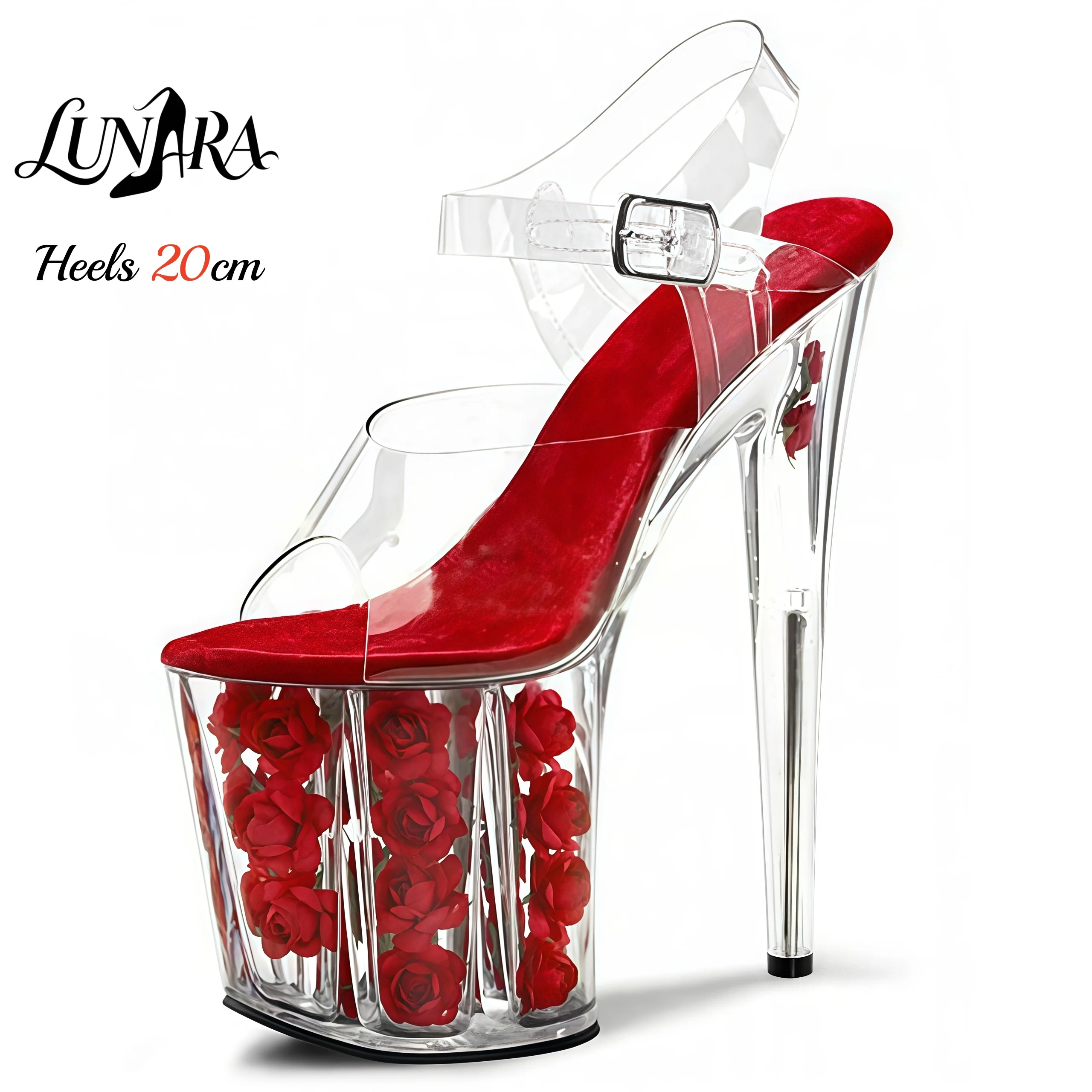 20cm Transparente PVC-Kristall-Plateau-Sandalen mit Hohem Absatz, Roter Rosen-Dekoration, Offener Zehenbereich, Knöchelriemen, Rotes Futter, Sexy Nachtclub-Partyschuhe