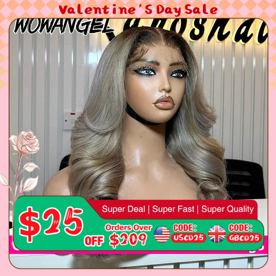 WOWANGEL 1b/Ash Blonde Body Wave Wigs 5x5 HD Lace Closure Wigs Human Hair Ash Grey Ombre Glueless Wigs Pre Plucked Ready to Wear