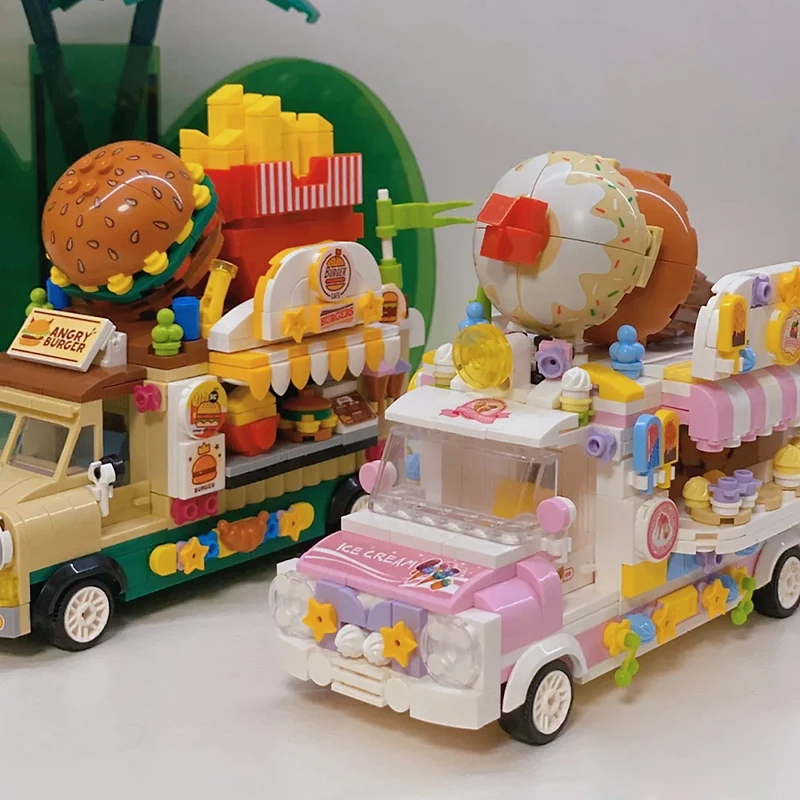 Technical Mini Ice Cream Food Truck Hamburg Car Building Blocks Street View Model Camping Vehicle Assemble Bricks Toys Kids Gift