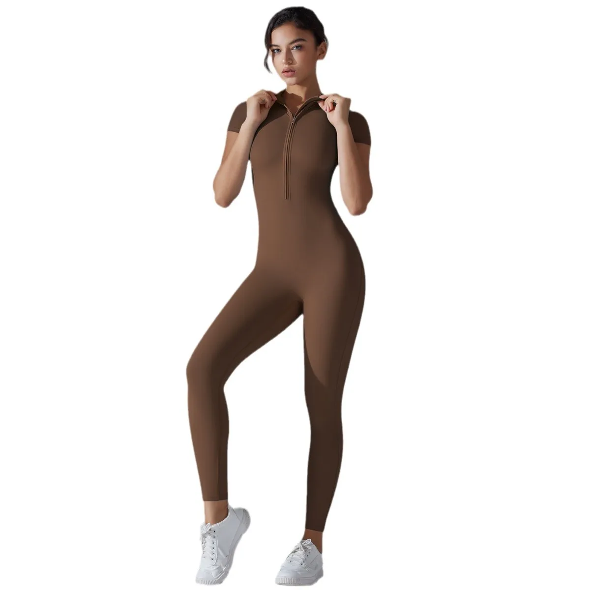 New Solid Color Sports Fitness Running Cycling Nine-point Jumpsuit Yoga Suit Zipper Tight High Elastic Short-sleeved Jumpsuit