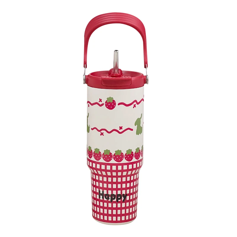 زجاجة ماء معزولة من الفولاذ المقاوم للصدأ بسعة كبيرة مع غطاء بقش وحامل للسيارة، كوب عصري للنساء #1