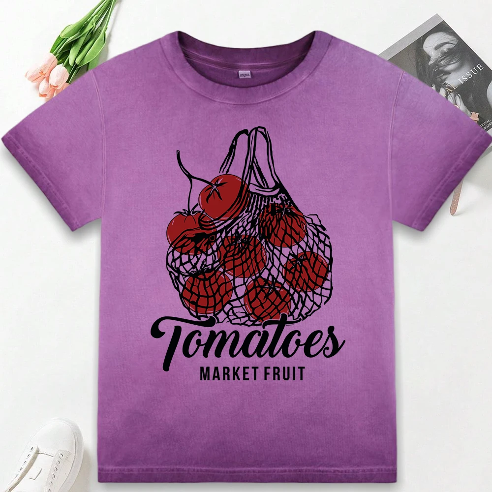 

Tomatoes Market Fruit Print Washed T Shirts Women Cotton Casual T-Shirt Slim Y2K Streetwear Woman Summer Dyeing Short Sleeve