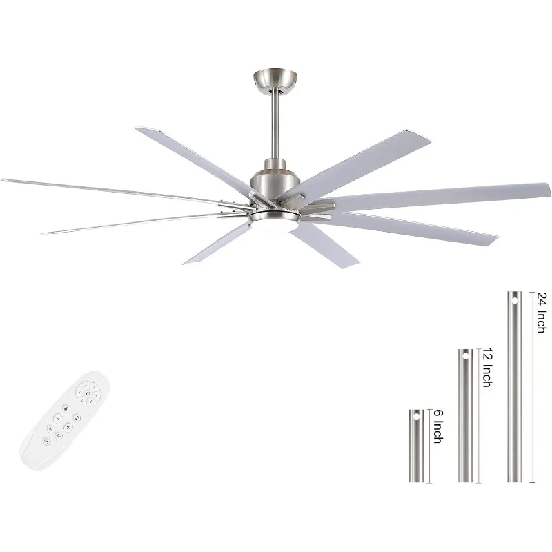 

Ceiling Fan with Lights Remote Control, 72 Inch Brushed Nickel Large Ceiling Fan with 8 Reversible Blades Industrial Style