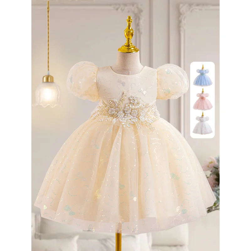 

2025New Girl's Puff Sleeve Floral Waist Decoration First Birthday Party Dress Princess Gown