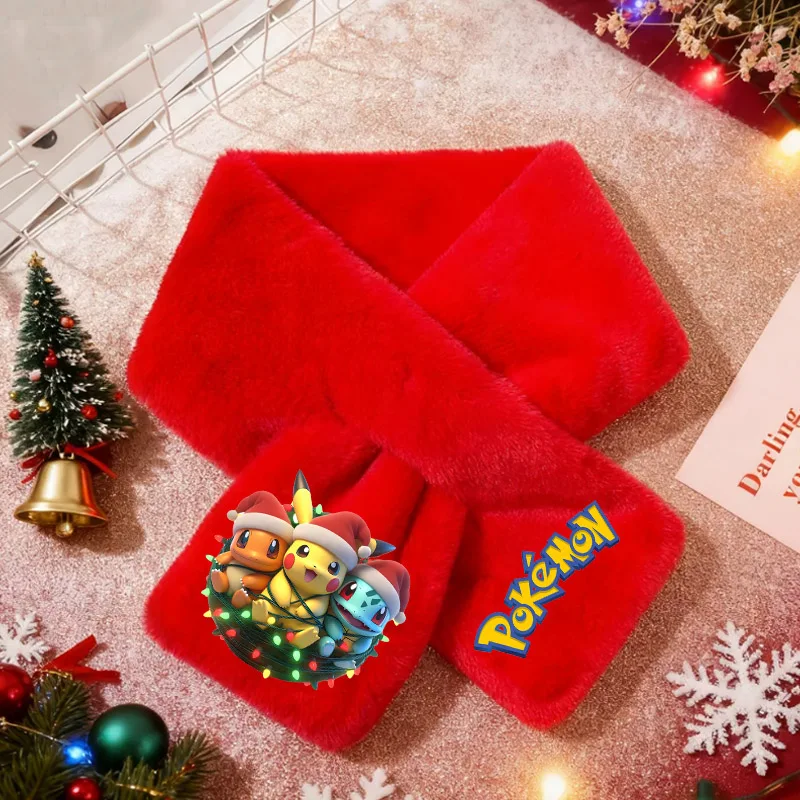 

Pokemons Christmas Plush Scarf Boy Girl Cartoon Anime Neckerchief Winter Outdoor Warm Fashion Scarfs Kawaii Red Wrap Xmas Gifts