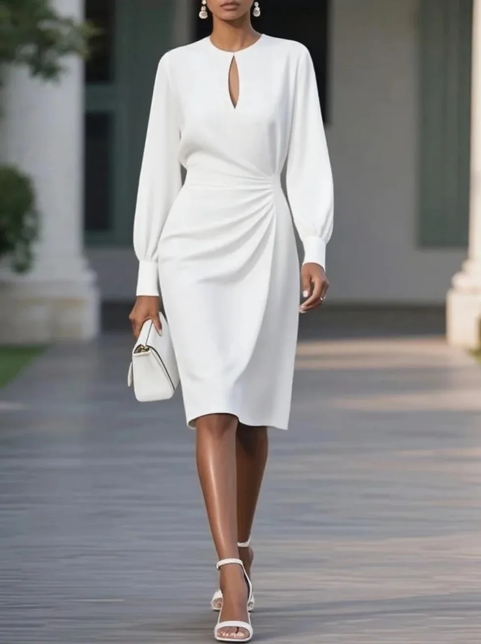 

Elegant Woman Dress O Neck Hollow Out Long Sleeve Office Dress Women Slim A-Line Party Long Dresses