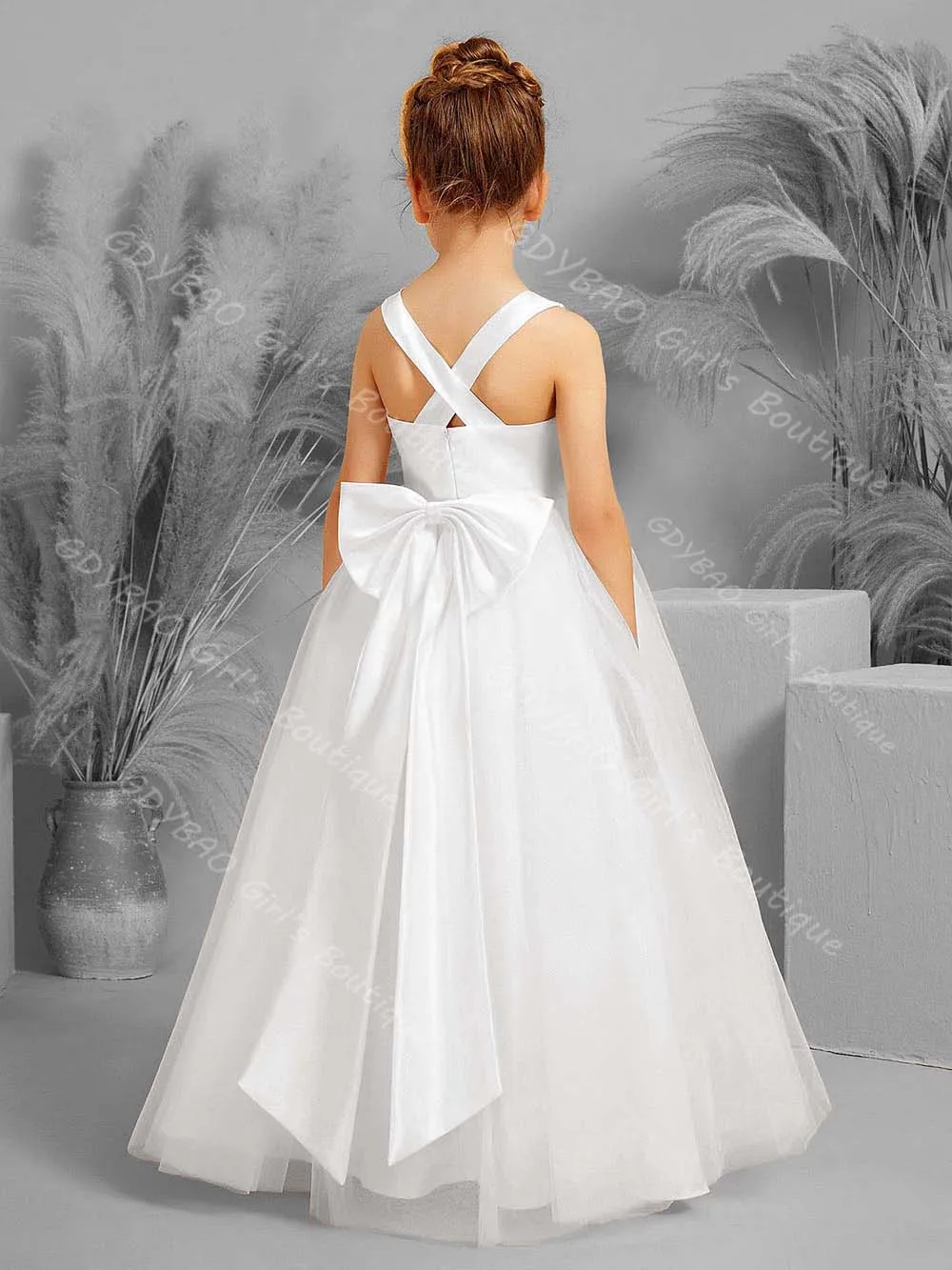 

Ivory Flower Girl Dresses for Wedding Toddler V Neck Criss Cross Back Pageant Communion Dress Customized 2-14 Kids Party Gown
