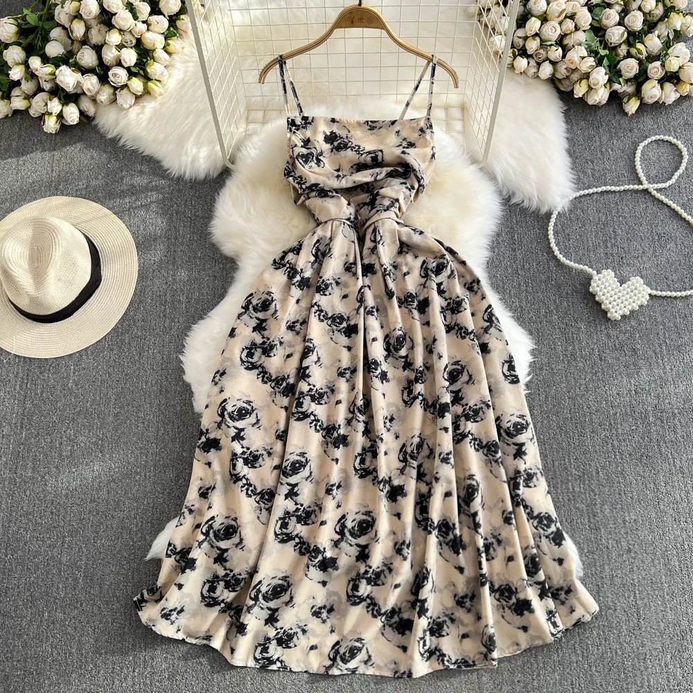 2024 New Summer Romantic Floral Print Long Dress Vintage Rose Print High Waist Spaghetti Strap Summer Dress Lady Beach Sundress