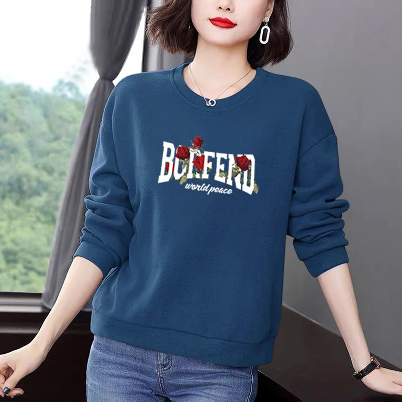 Women Clothing Autumn Winter Korean Floral Letter Print Y2K Plush Thick Sweatshirt Trendy Casual Long Sleeve Loose Pullover Tops