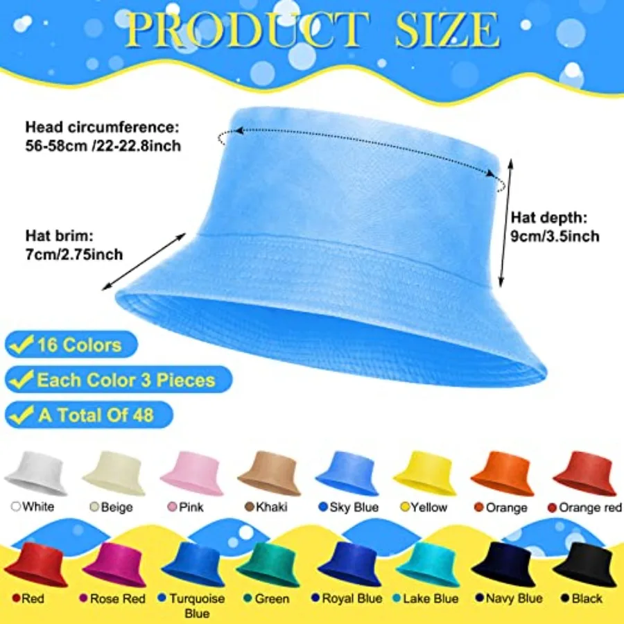 Outdoor travel and beach vacation bucket hats for men, women, teens: 48 pcs unisex cotton wide brim sun hats in 16 multicolored