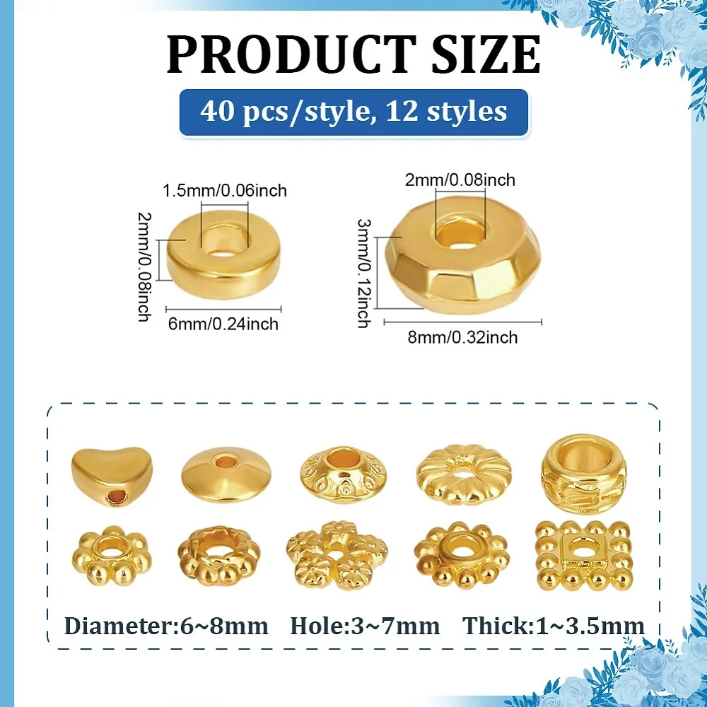 

480Pcs 12 Styles Alloy Beads Golden 6~8x5~8x2~3.5mm Hole: 1~3.5mm 40pcs/style